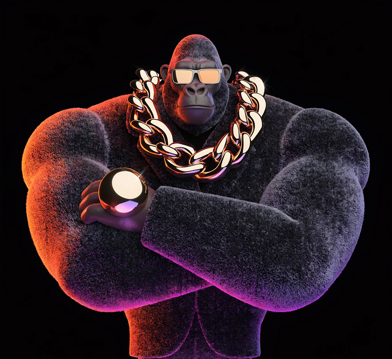 A stylized gorilla wearing sunglasses and a gold chain, arms crossed, holding a metallic sphere